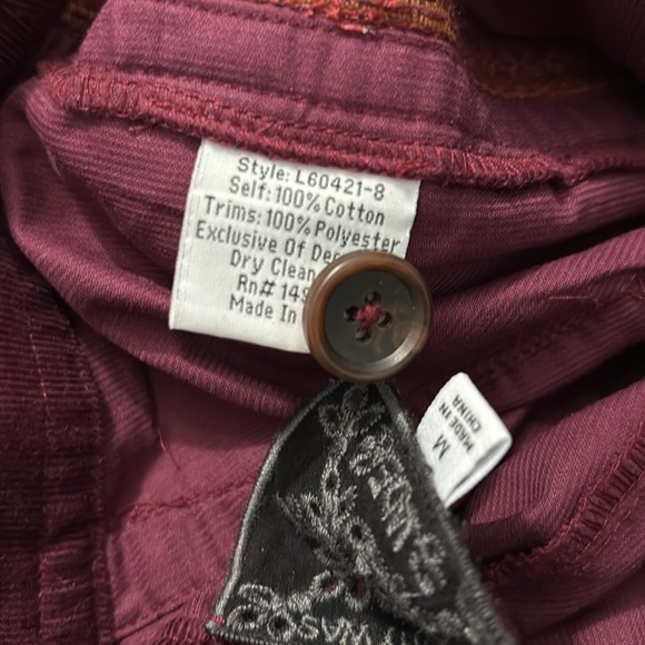 JOHNNY WAS Burgundy Cotton High Rise Corduroy Pants Size Medium - Picture 7 of 7